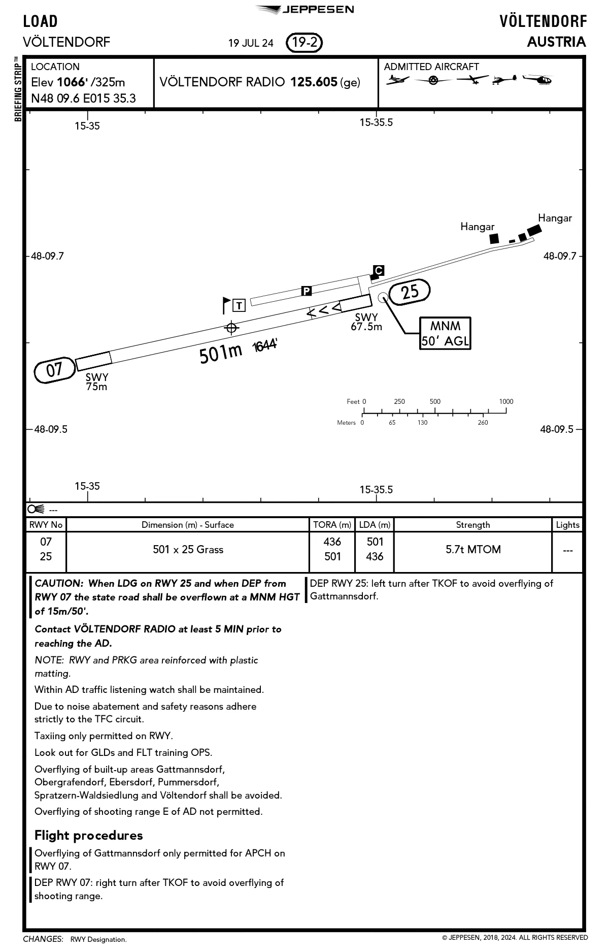 Anflugkarte LOAD, Seite 2: Flugplatzskizze mit Piste 07/25, Pistendaten und Verfahren